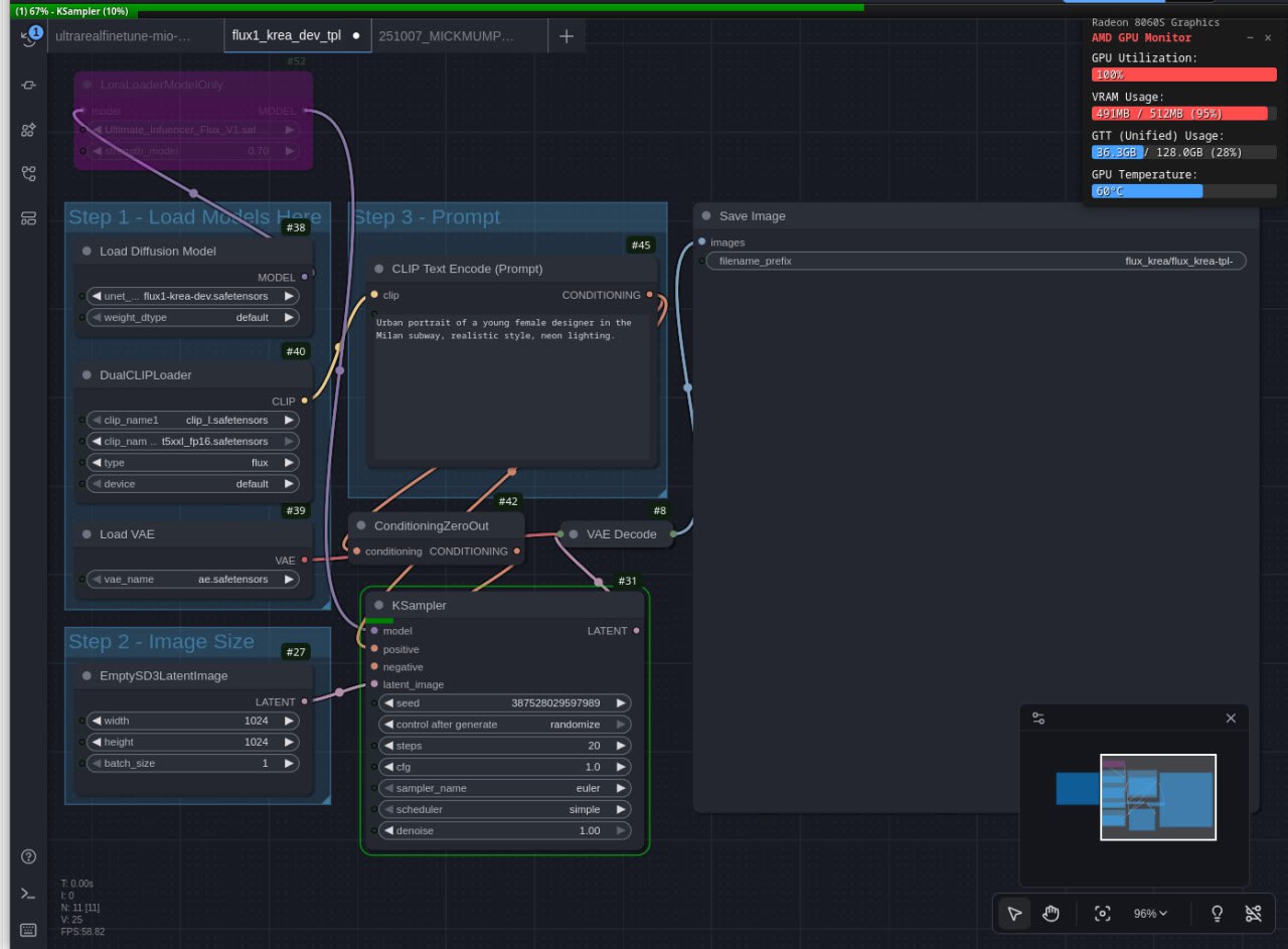 ComfyUI running Flux Krea Dev workflow