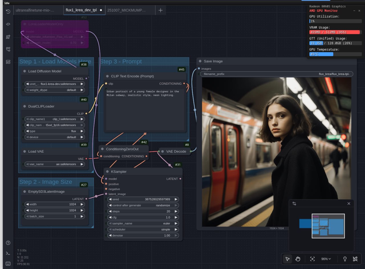Flux Krea Dev workflow complete ini ComfyUI