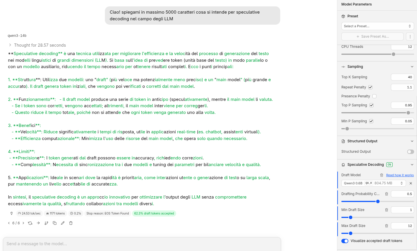 Chat LM Studio con token/s visibili