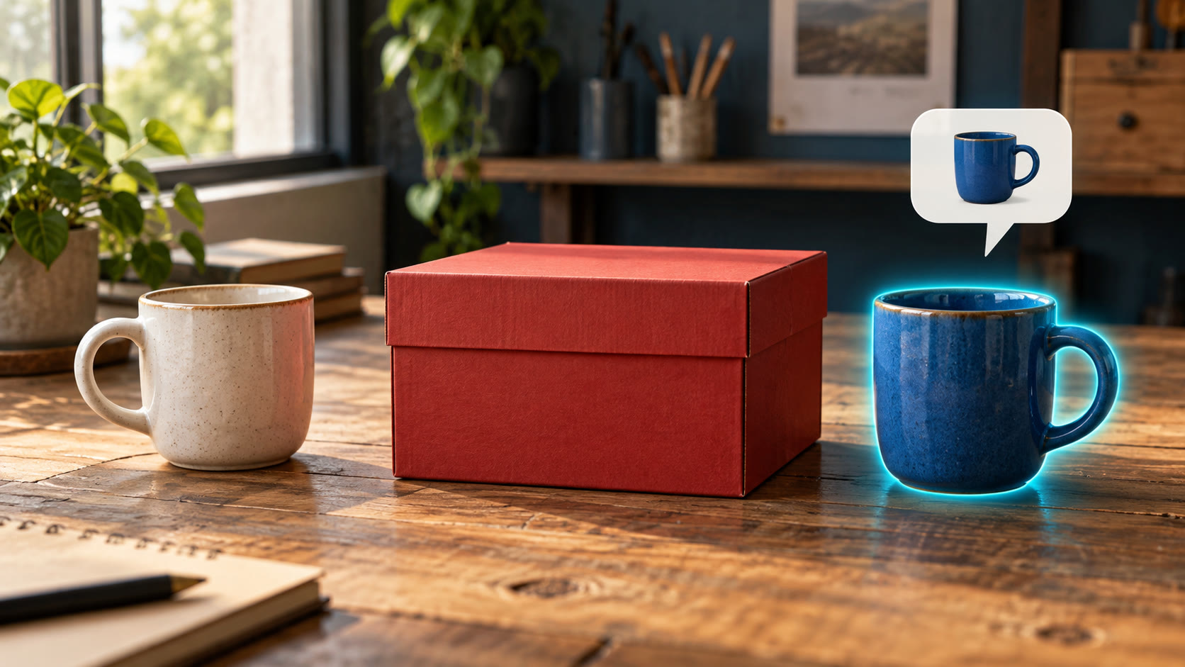 Tazza blu selezionata a destra di una scatola rossa