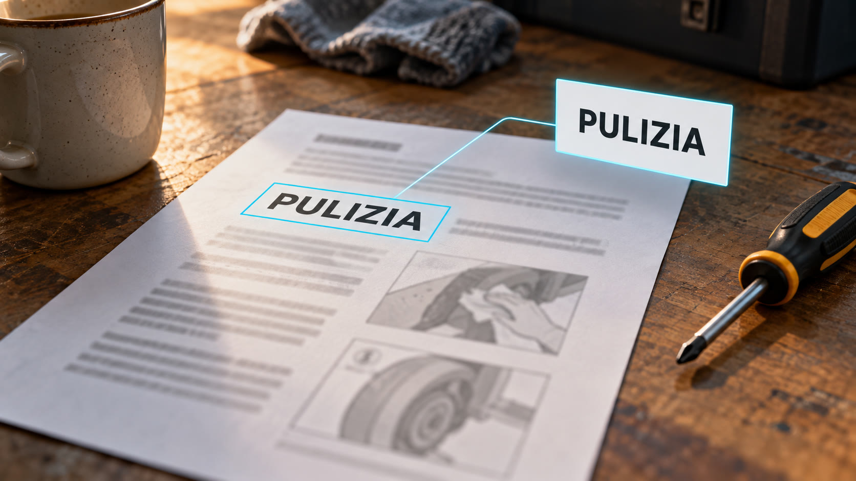La scritta PULIZIA localizzata sul foglio e riprodotta come testo estratto