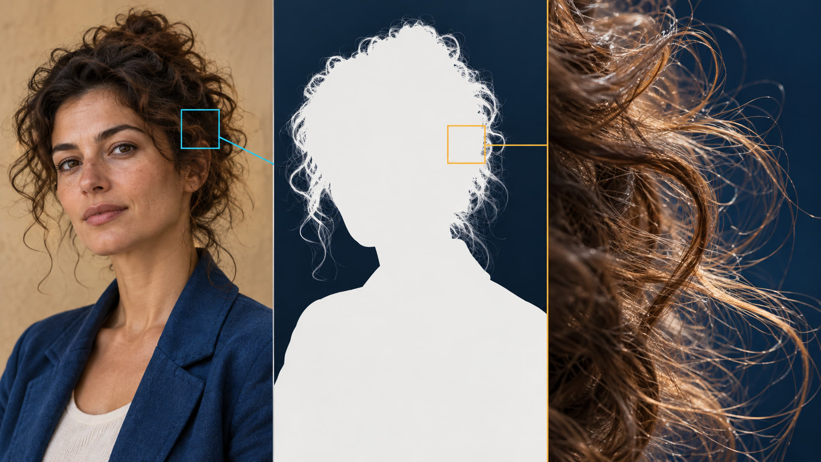 Ritratto, sagoma e dettaglio dei capelli su fondo a contrasto