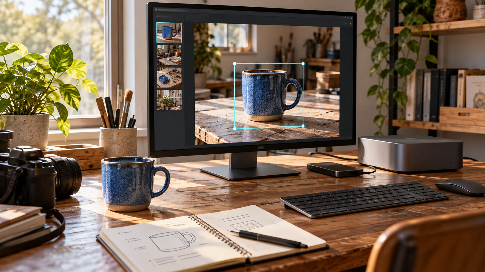 Computer da scrivania che elabora la fotografia di una tazza