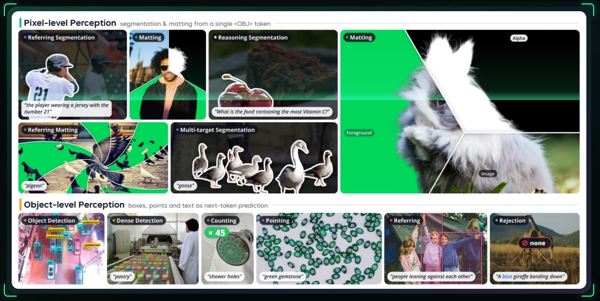Esempi di object-level e pixel-level perception supportati da WeVisOne-VL